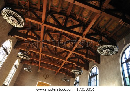 Painted beam ceiling in a Los Angeles train station