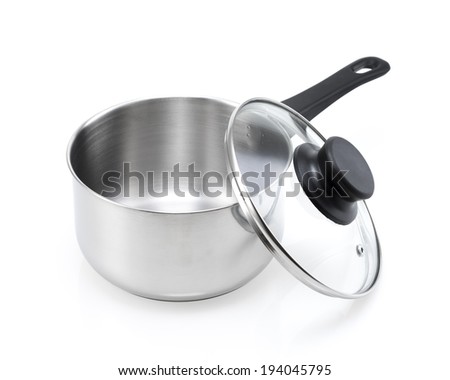 stainless steel pot with open glass lid, black handle isolated