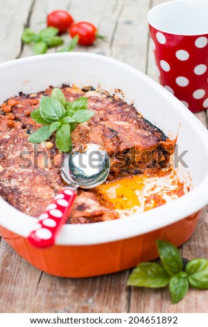 Eggplants parmigiana with cheese and tomato traditional italian recipe