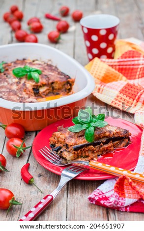 Eggplants parmigiana with cheese and tomato traditional italian recipe