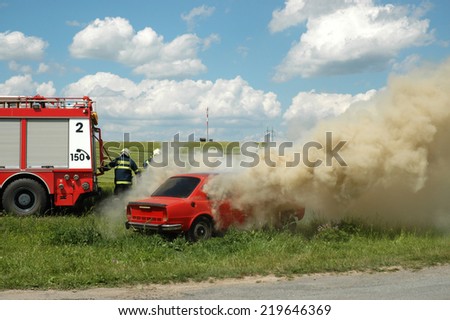 JESOV, CZECH REPUBLIC, JUNE 29, 2008 - Exercise firemen, demonstration of fire extinguishing of car