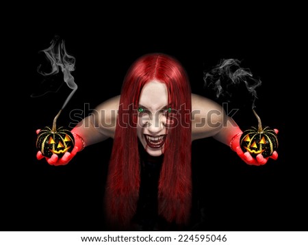 Female vampire holds in his hands the flaming pumpkins on a black background