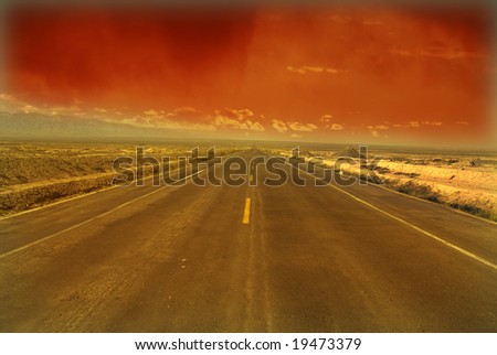 Desert Highway: Road travelling through a desert Field at Sunset?5?