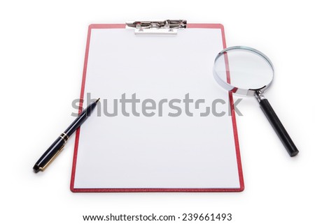 A red leather clipboard with a4 paper and fountain pen and reading glass(magnifying glass[lens], magnifier) isolated white at the studio.