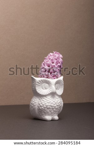 A owl ceramic vase with purple(pink) flowers(lavender) in the brown paper background at the studio.