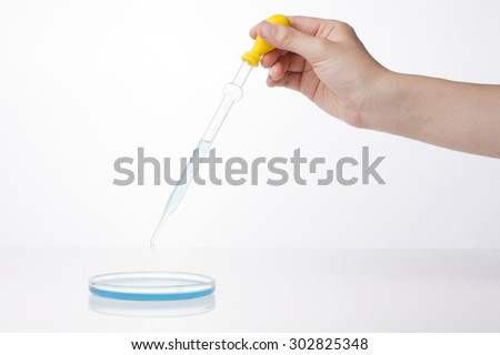 A woman(nurse, scientist) hand hold a spuit(dropping pipet, pipette, medicine dropper) dropping to glass schale(petri dish) with blue(cyan) liquid(fluid) for chemical at the laboratory isolated white.
