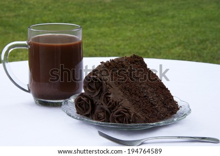 A slice of Chocolate cake with chocolate cream filling topped with handmade chocolate frosting roses