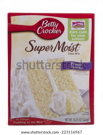 ALAMEDA, CA - OCTOBER 09, 2014: 15.25 ounce box of Betty Crocker brand Super Moist Cake Mix. French Vanilla Flavor.