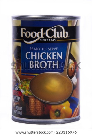 ALAMEDA, CA - OCTOBER 09, 2014: 14 ounce can of Food Club brand Ready to Serve Chicken Broth.