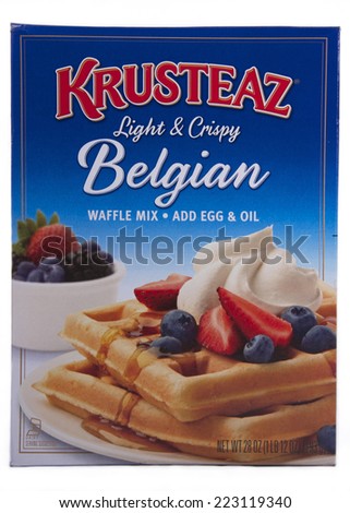 ALAMEDA, CA - OCTOBER 09, 2014: 28 ounce box of Krusteaz brand Light and Crispy Belgian Waffle Mix