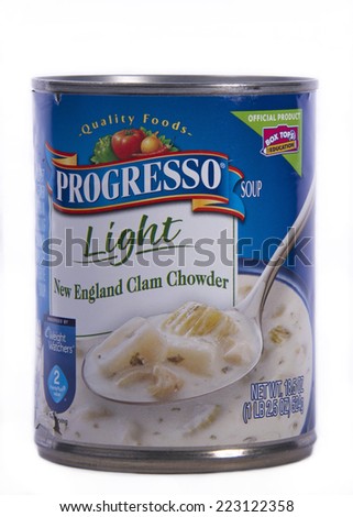 ALAMEDA, CA - OCTOBER 09, 2014: 18.5 ounce can of Progresso Soup brand Light New England Clam Chowder.