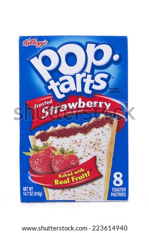 ALAMEDA, CA - OCTOBER 14, 2014: 14.7 ounce box of Kellogg\'s brand Pop Tarts with 8 Toaster Pastries. Frosted Strawberry baked with real Fruit.