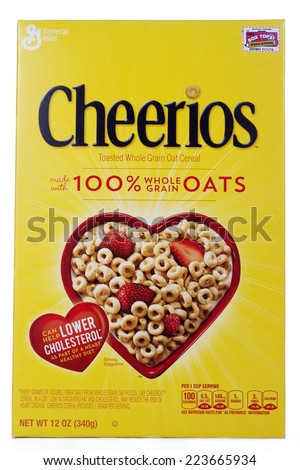 ALAMEDA, CA - OCTOBER 14, 2014: 12 ounce box of General Mills Brand cereal, Cheerios. Toasted Whole Grain Oat Cereal. Made with 100% Whole Grain Oats.