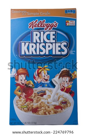 ALAMEDA, CA - OCTOBER 19, 2014: 18 ounce box of Kellogg\'s brand Cereal. Rice Krispies. The Goodness of a Simple Grain. Put Snap, Crackle and Pop into Your Morning. Kids love them.