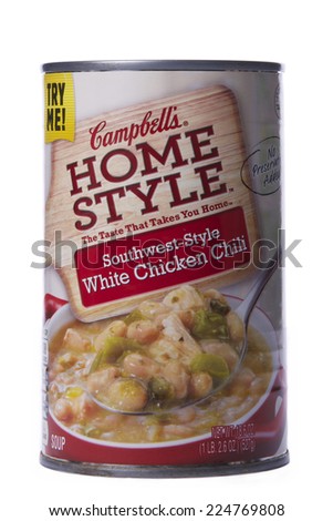 ALAMEDA, CA - OCTOBER 19, 2014: 18.6 ounce can of Campbell\'s brand Home Style Soup. Southwest-Style White Chicken Chili. The Taste That Takes You Home.