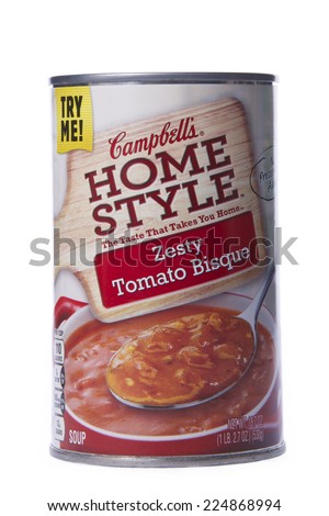 ALAMEDA, CA - OCTOBER 19, 2014: ounce can of Campbell\'s brand Home Style Soup. Zesty Tomato Bisque. The Taste That Brings You Home.
