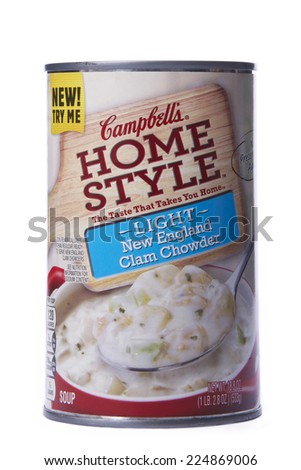 ALAMEDA, CA - OCTOBER 19, 2014: 18.8 ounce can of Campbell\'s brand Home Style Soup. LIGHT New England Clam Chowder. The Taste That Brings You Home.