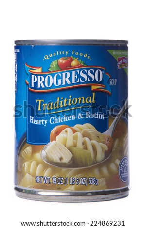 ALAMEDA, CA - OCTOBER 19, 2014: 19 ounce can of Progresso brand Soup. Traditional Hearty Chicken and Rotini.