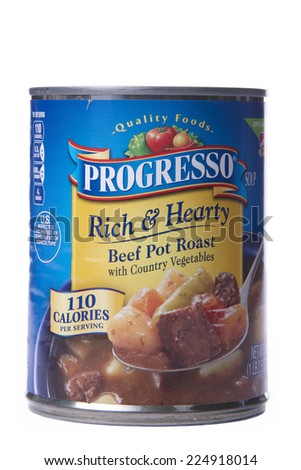 ALAMEDA, CA - OCTOBER 19, 2014: 18.5 ounce can of Progresso brand Soup. Rich and Hearty Beef Pot Roast with Country Vegetables.