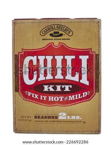 ALAMEDA, CA - OCTOBER 27, 2014: 4 ounce box of Caroll Shelby\'s brand Chili Kit. Fix it Hot or Mild. Original Texas Brand.