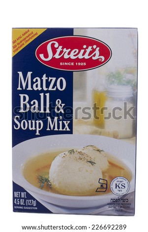 ALAMEDA, CA - OCTOBER 27, 2014: 4.5 ounce box of Streit\'s brand Matzo Ball and Soup Mix. Kosher for Passover and all Year Round. No MSG, No Hydrogenated Vegetable Shortening.
