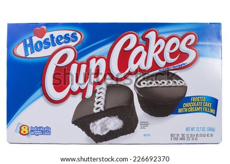 ALAMEDA, CA - OCTOBER 27, 2014: 12.7 ounce box of Hostess brand Cup Cakes. Eight individually wrapped cakes per box.