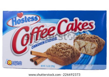 ALAMEDA, CA - OCTOBER 27, 2014: 11.6 ounce box of Hostess brand Cinnamon Streusel Coffee Cakes. Eight individually wrapped cakes per box.