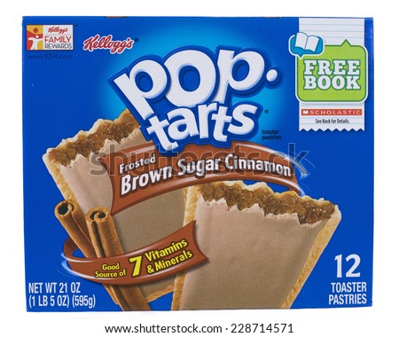 ALAMEDA, CA - NOVEMBER 06, 2014: 21 ounce box of Kellogg\'s brand Pop Tarts Toaster Pastries. Frosted Brown Sugar and Cinnamon flavor. 12 toaster pastries per box.