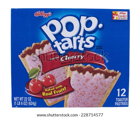 ALAMEDA, CA - NOVEMBER 06, 2014: 22 ounce box of Kellogg\'s brand Pop Tarts Toaster Pastries. Frosted Cherry Flavor. Baked with real fruit! 12 toaster pastries per box.