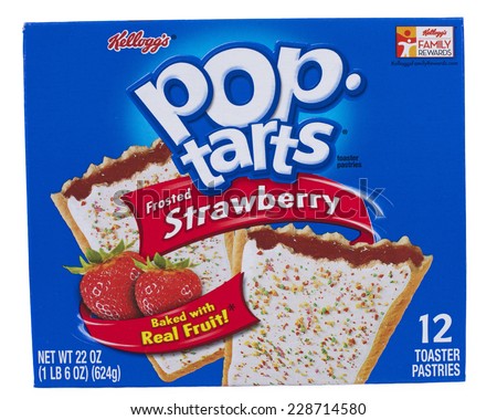 ALAMEDA, CA - NOVEMBER 06, 2014: 22 ounce box of Kellogg\'s brand Pop Tarts Toaster Pastries. Frosted Strawberry Flavor. Baked with real fruit! 12 toaster pastries per box.