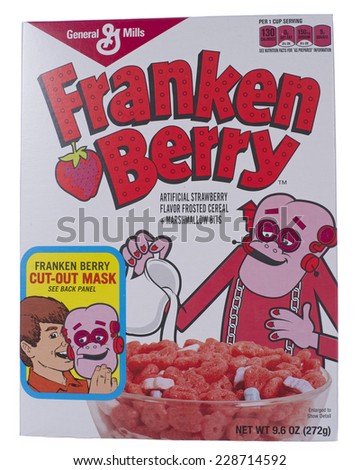 ALAMEDA, CA - NOVEMBER 06, 2014: 9.6 ounce box of General Mill\'s brand Franken Berry cereal. Artificial Strawberry Flavor, Frosted Cereal + Marshmallow Bits. Usually available during Halloween season.