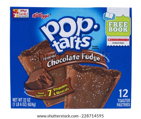 ALAMEDA, CA - NOVEMBER 06, 2014: 22 ounce box of Kellogg\'s brand Pop Tarts Toaster Pastries. Frosted Chocolate Fudge Flavor. 12 toaster pastries per box.