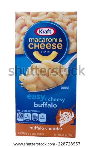 ALAMEDA, CA - NOVEMBER 06, 2014: 5.5 ounce box of Kraft brand Macaroni and Cheese Dinner. Easy, Cheesy buffalo. Buffalo Cheddar Flavor.