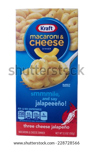 ALAMEDA, CA - NOVEMBER 06, 2014: 5.5 ounce box of Kraft brand Macaroni and Cheese Dinner. Three Cheese Jalapeno flavor.