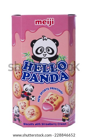 ALAMEDA, CA - NOVEMBER 06, 2014: 2 ounce box of Meiji brand Hello Panda Biscuits with Strawberry Cream Filling. New Sports Printing on each biscuit!