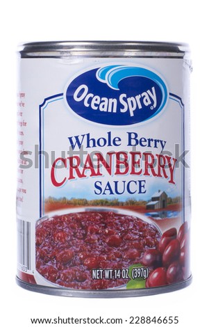 ALAMEDA, CA - NOVEMBER 06, 2014: 14 ounce can of Ocean Spray brand Whole Berry Cranberry Sauce.