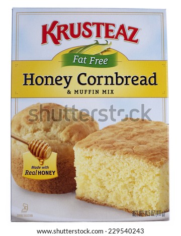 ALAMEDA, CA - NOVEMBER 09, 2014: 14.5 ounce box of Krusteaz brand Fat Free Honey Cornbread and Muffin Mix. Made with Real Honey.