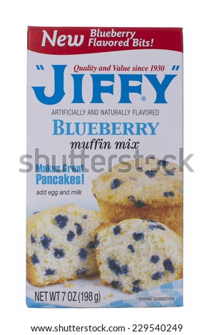 ALAMEDA, CA - NOVEMBER 09, 2014: 7 ounce box of Jiffy brand Blueberry Muffin Mix. Makes Great Pancakes! Artificially and Naturally Flavored. New Blueberry Flavored Bits!