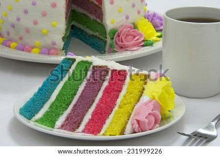 Pastel Rainbow Yellow, Pink, Purple butter cream frosting roses on a round cake frosted with white icing