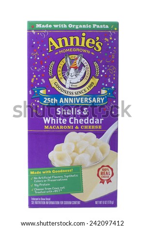ALAMEDA, CA - JANUARY 06, 2015: 6 ounce box of Annie's brand Shells and White Cheddar and Macaroni. No Artificial Flavors, Synthetic Colors or Preservatives. A Good Source of Calcium and Protein.
