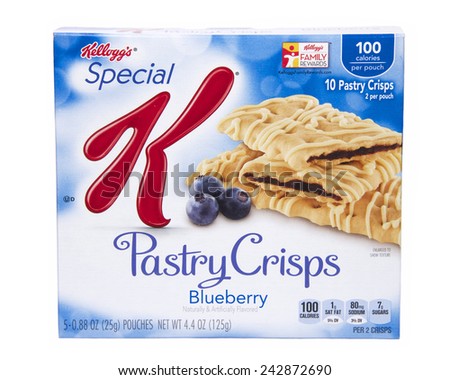 ALAMEDA, CA - JANUARY 08,2015: 4.4 ounce box with five 0.88 ounce pouches of Kellogg's brand Pastry Crisps. Blueberry Flavor. 100 calories per pouch. Great snack for Adults and Children.