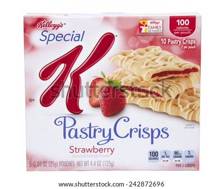 ALAMEDA, CA - JANUARY 08,2015: 4.4 ounce box with five 0.88 ounce pouches of Kellogg's brand Pastry Crisps. Strawberry Flavor. 100 calories per pouch. Great snack for Adults and Children.