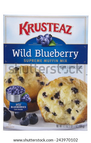 ALAMEDA, CA - JANUARY 12, 2015: 17.1 ounce box of Krusteaz brand Wild Blueberry Supreme Muffin Mix. Natural and Artificial Flavors. Can of Wild Blueberries in the box.