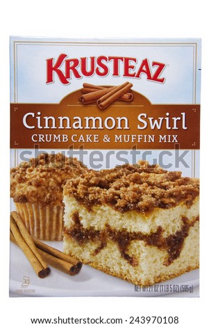 ALAMEDA, CA - JANUARY 12, 2015: 21 ounce box of Krusteaz brand Cinnamon Swirl Crumb Cake and Muffin Mix.