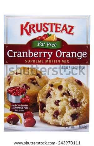 ALAMEDA, CA - JANUARY 12, 2015: 16 ounce box of Krusteaz brand Fat Free Cranberry Orange Supreme Muffin Mix. Can of Real Cranberries with Orange Peel included in the box.