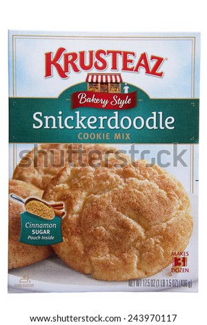 ALAMEDA, CA - JANUARY 12, 2015: 17.5 ounce box of Krusteaz brand Bakery Style Snickerdoodle Cookie Mix. Cinnamon Sugar Pouch included inside the box. Makes three dozen Cookies.