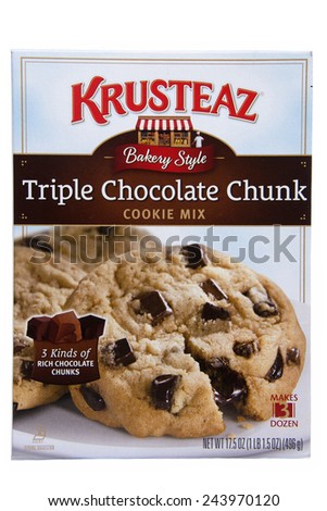 ALAMEDA, CA - JANUARY 12, 2015: 17.5 ounce box of Krusteaz brand Bakery Style Triple Chocolate Chunk Cookie MIx. With three kinds of Rich Chocolate Chunks. Makes three dozen cookies.