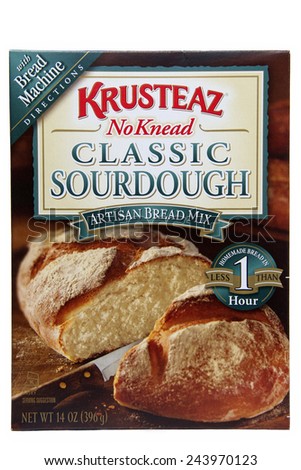 ALAMEDA, CA - JANUARY 12, 2015: 14 ounce box of Krusteaz brand Classic Sourdough Artisan Bread Mix. Includes Bread Machine Directions. No Kneading Necessary.  Home made Bread in less then one hour.