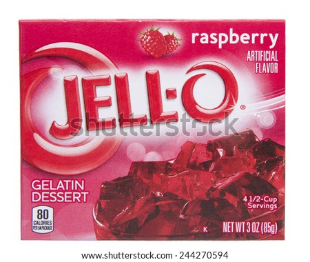 ALAMEDA, CA - JANUARY 14, 2015: 3 ounce box of Jello brand Raspberry flavor jello mix. Artificial Flavor.