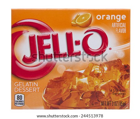 ALAMEDA, CA - JANUARY 14, 2015: 3 ounce box of Jello brand Orange flavor jello mix. Artificially Flavored.